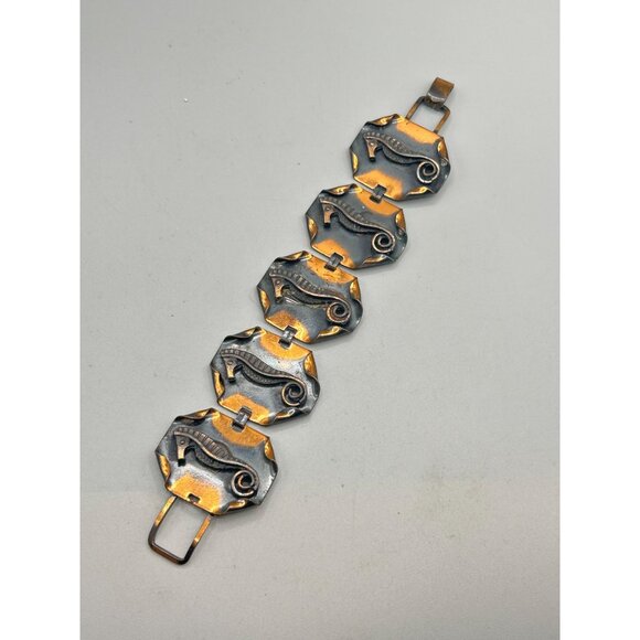 Vintage Copper Seahorse Bracelet with Hexagonal Links & Fold Over Clasp - Picture 3 of 7